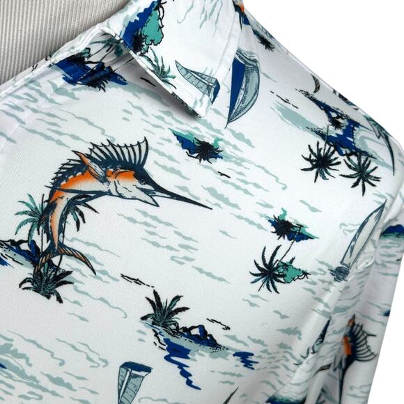 Chaps Polo Shirt Men’s Medium White Marlin Fish AOP Everyday Performance New - Picture 3 of 11